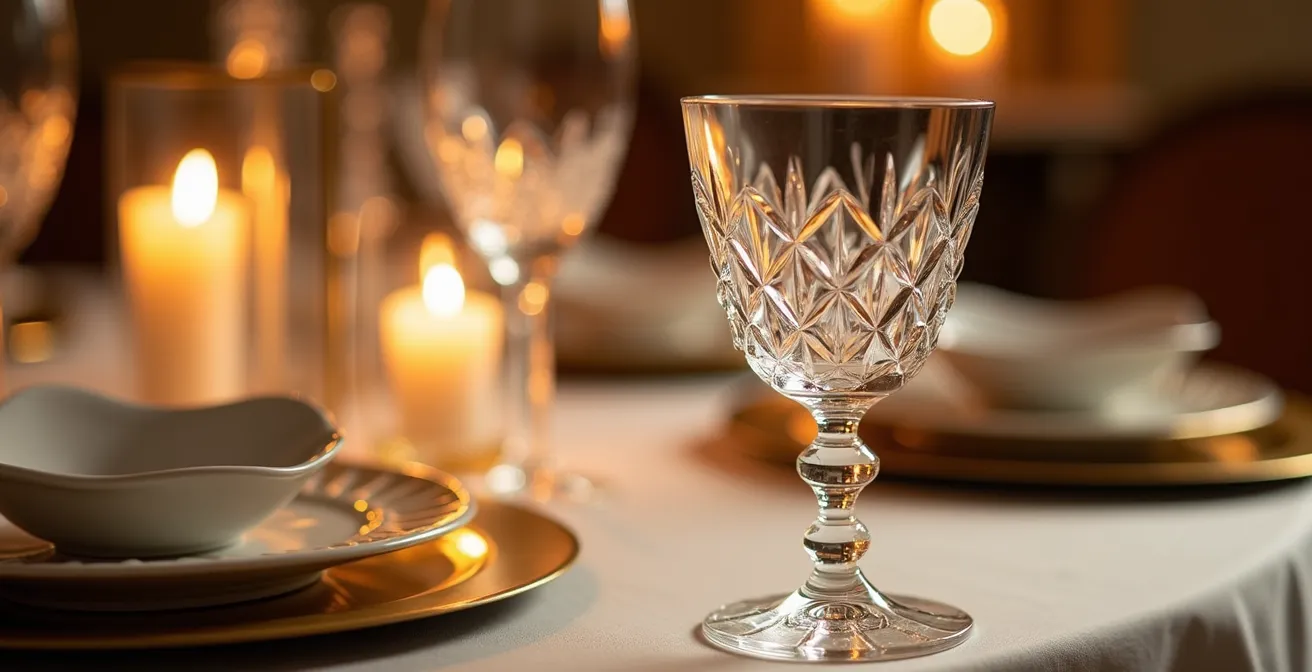 Close-up of cut crystal water goblets paired with sleek modern wine stems on wedding table
