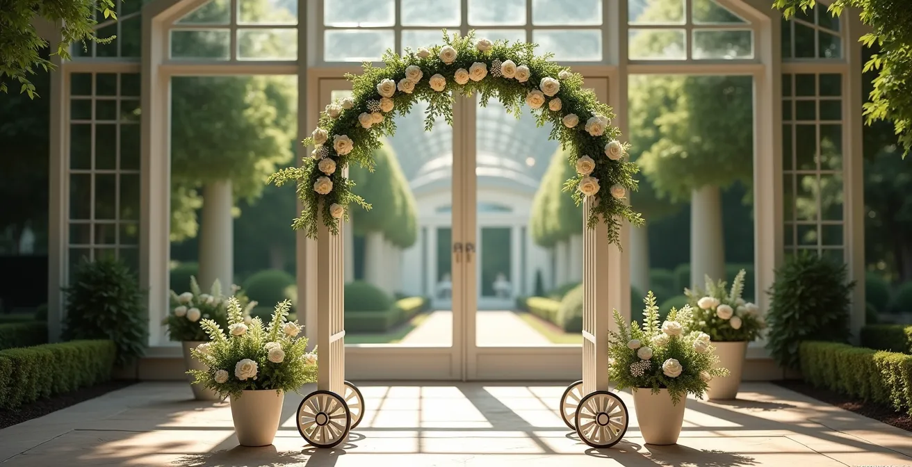Modular wedding ceremony arch on wheels with potted arrangements
