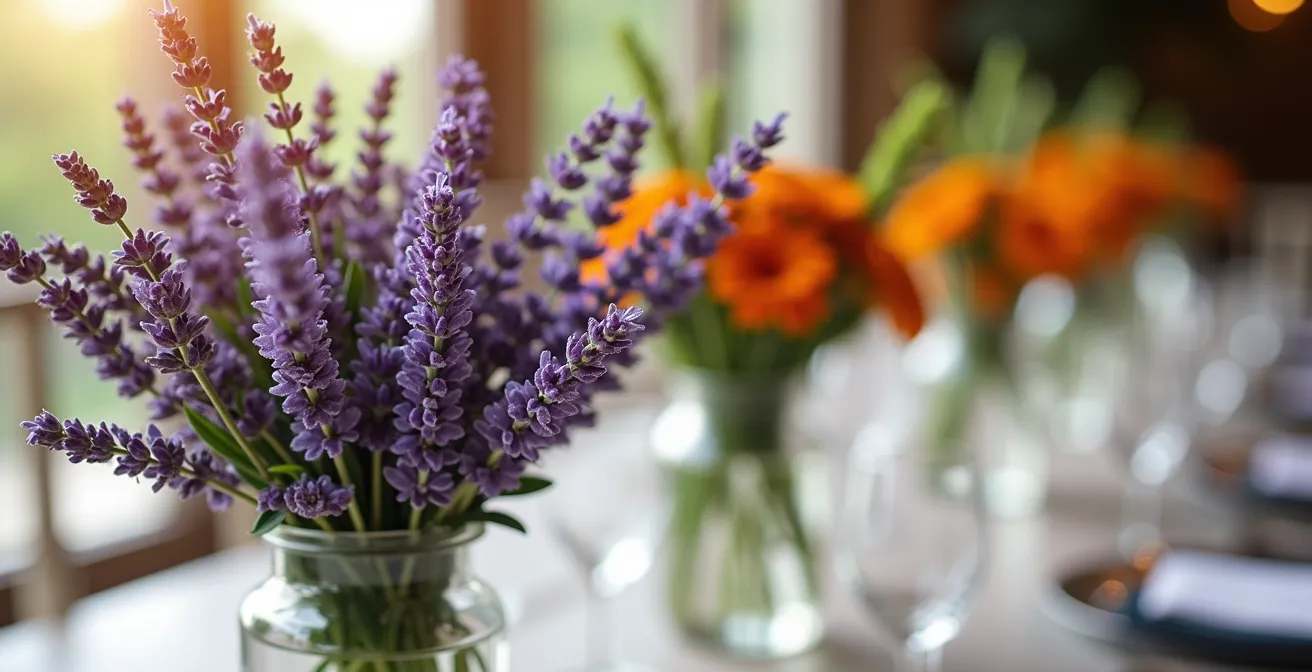 Close-up of elegant wedding centerpieces featuring lavender, marigolds, and rosemary arrangements
