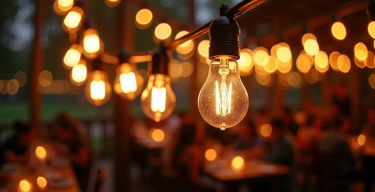 Macro view of vertical string lights creating wind-diffusing curtains at outdoor reception