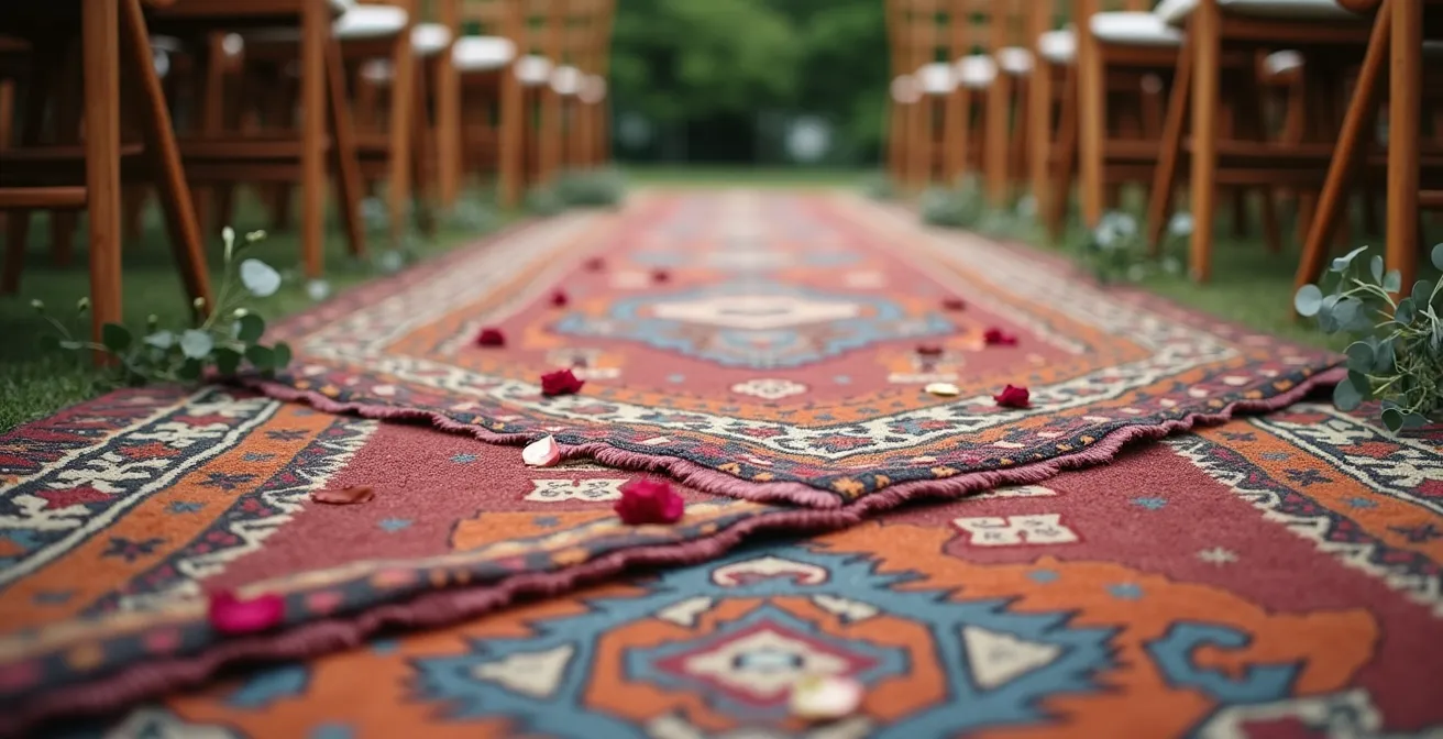 Vintage Persian rugs layered along outdoor wedding aisle with scattered rose petals