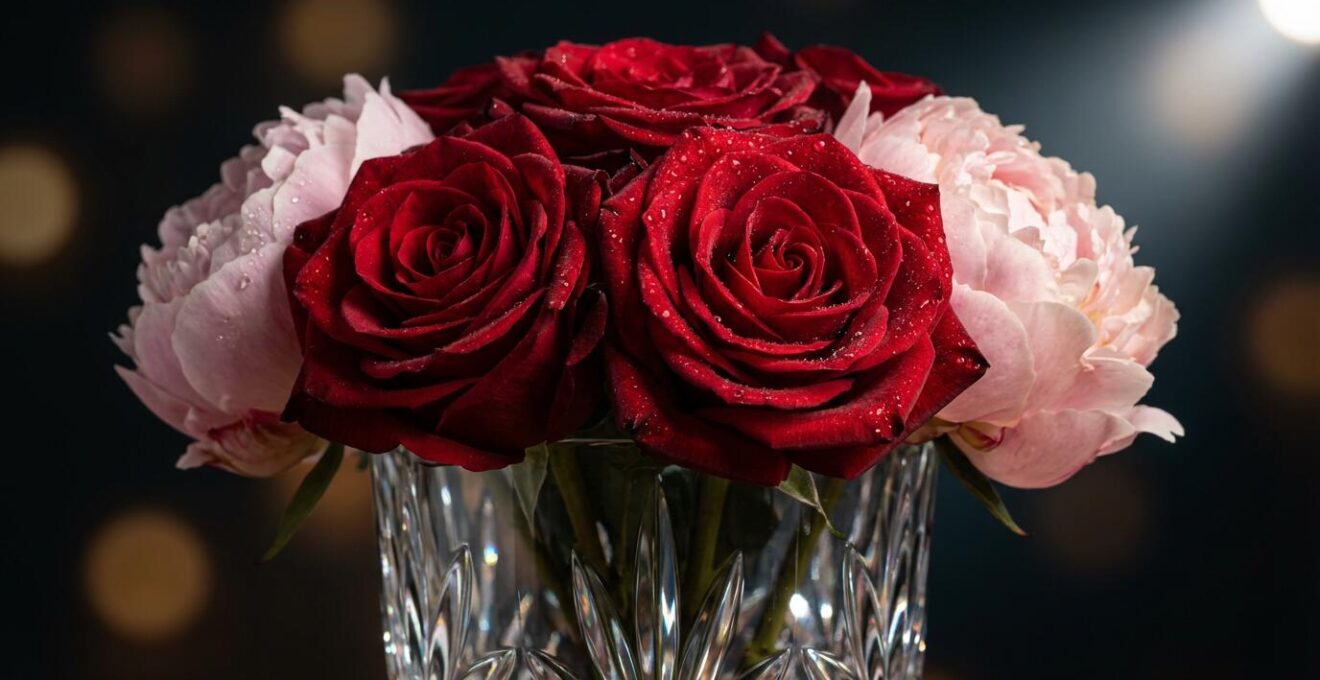 Close-up of illuminated floral centerpiece with dramatic shadows from overhead pin spotting