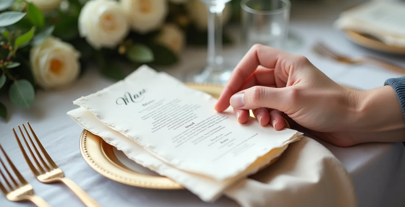 Elegant place card and menu arrangement on wedding table serving as personal anchor points