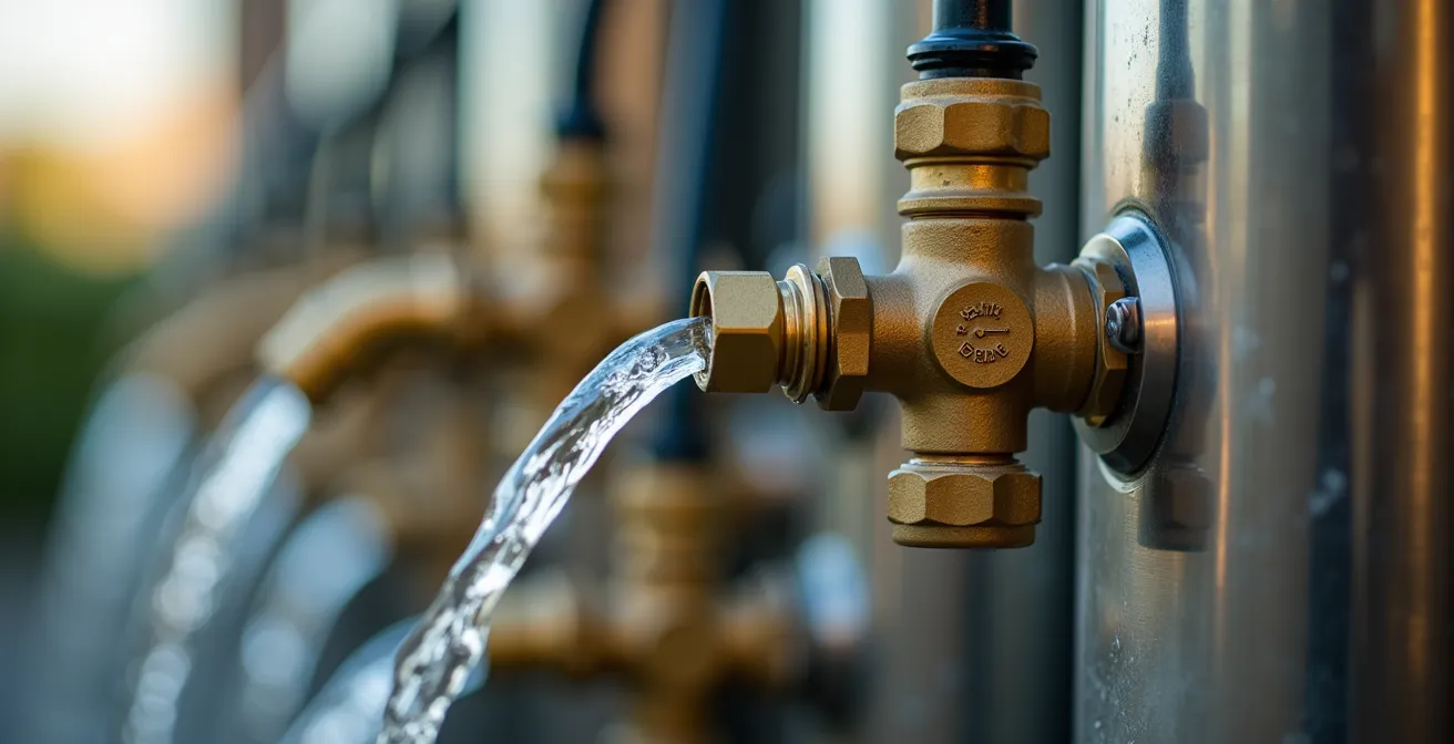 Macro detail of professional water distribution system connections at outdoor venue