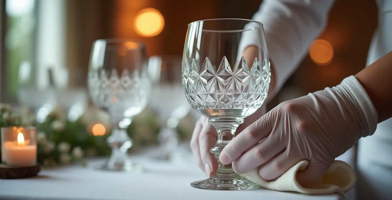 Hands in white gloves polishing crystal wine glass with microfiber cloth near candlelight