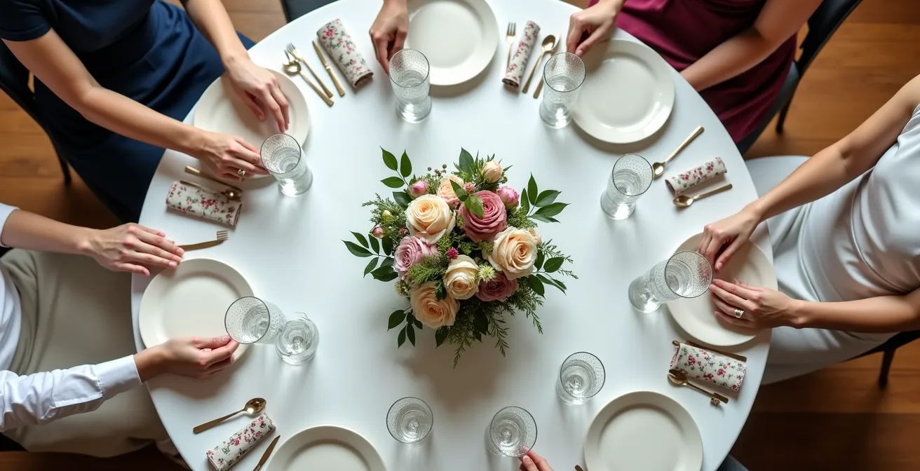 Overhead view of properly spaced low centerpiece on wedding table
