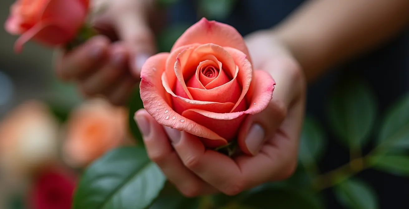 Professional hands demonstrating reflexing technique on peach garden rose