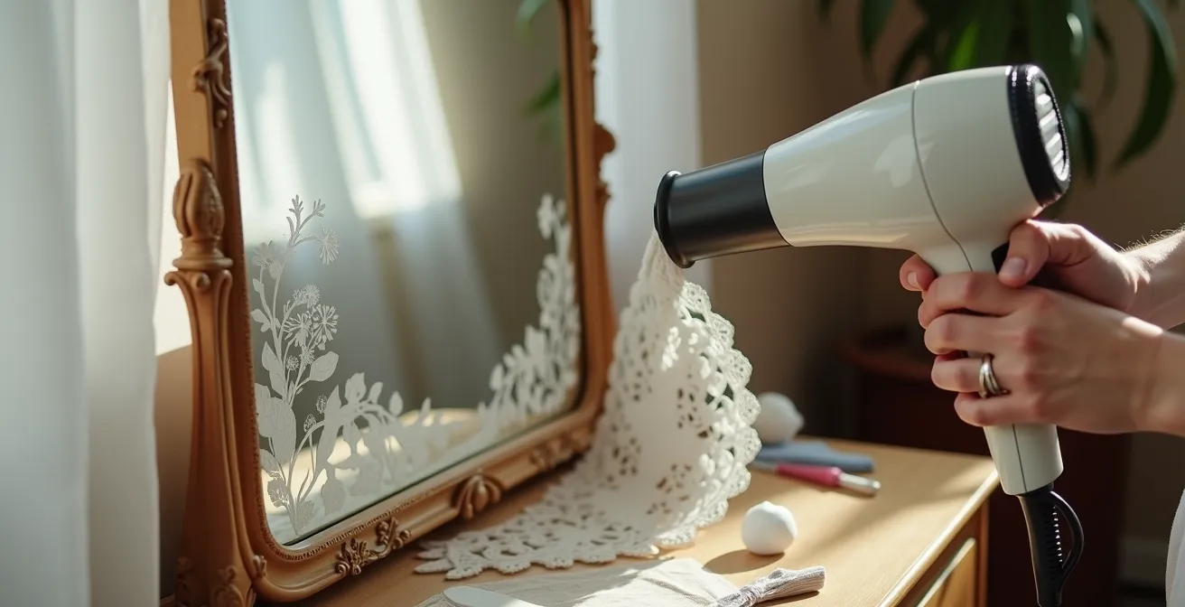 Hands using a hair dryer to remove vinyl lettering from an ornate mirror