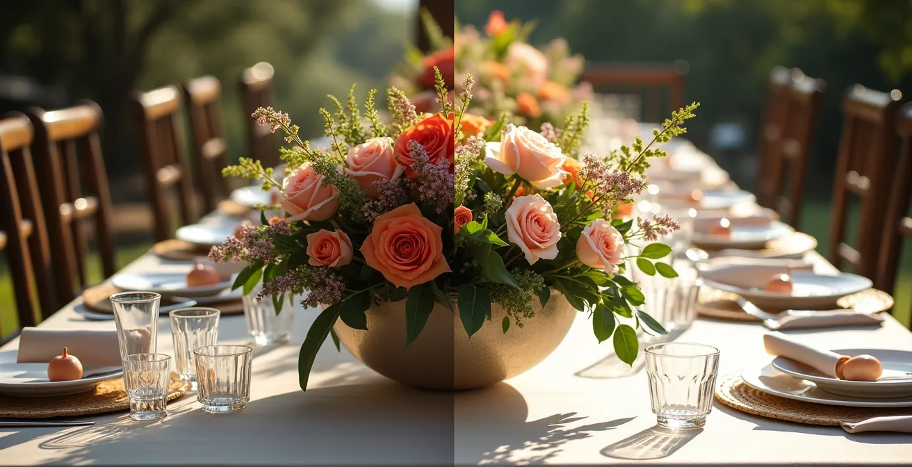 Comparison of round bowl and rectangular trough centerpieces on wedding tables