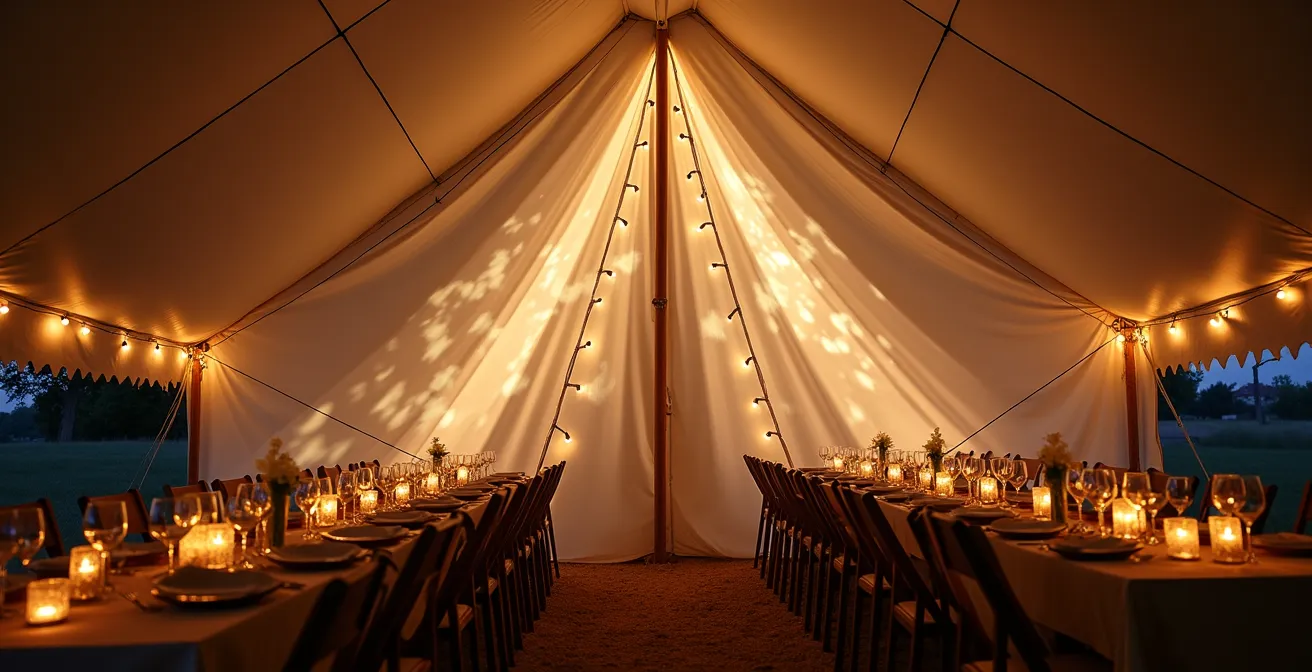 Interior view of sailcloth tent with soft monogram projection on translucent canvas walls