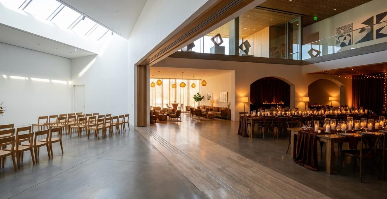 Wide shot of wedding venue showing different themed areas from ceremony to reception