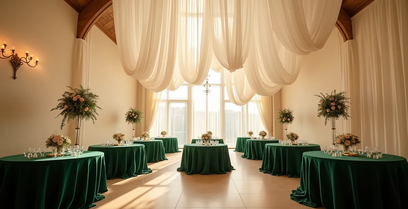 Wedding reception showing flowing silk chiffon ceiling drapes with velvet-covered tables below
