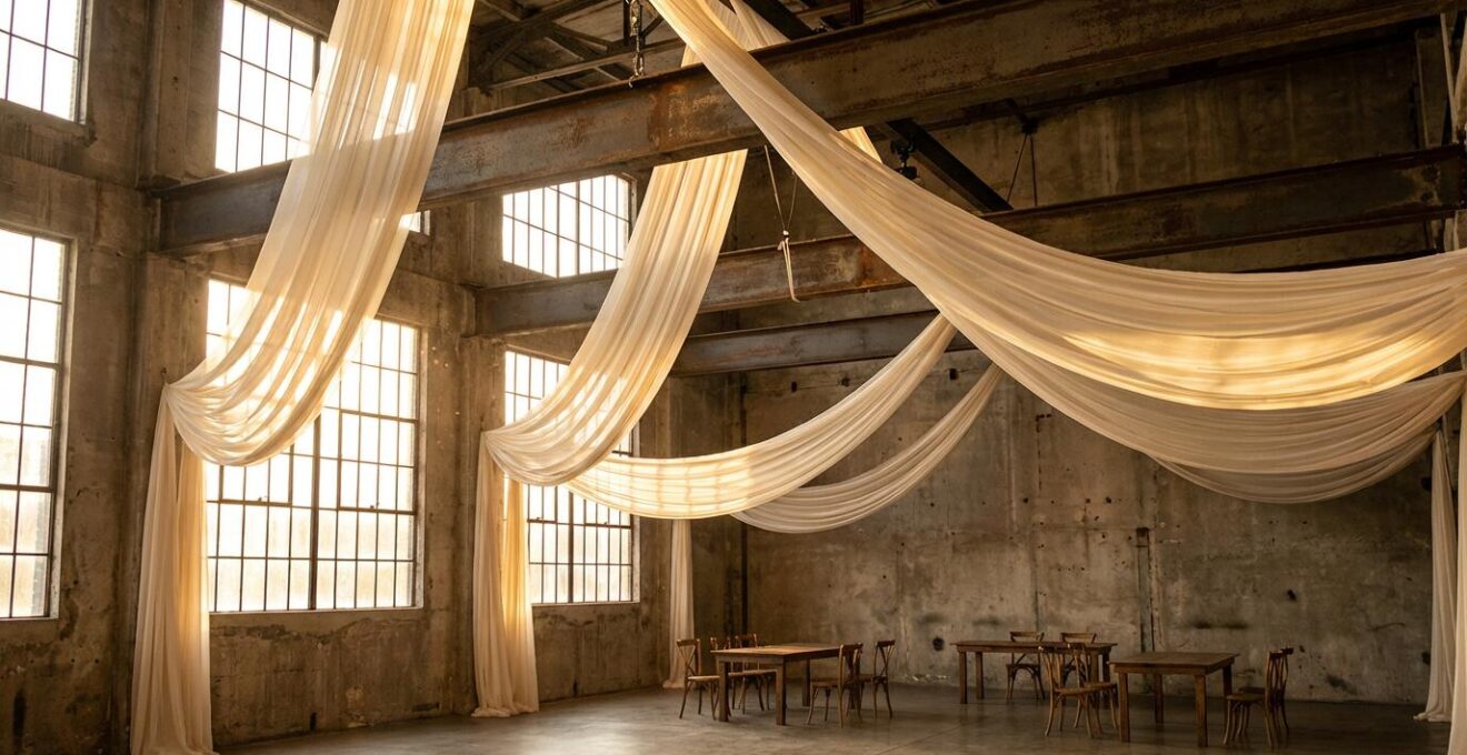 Ethereal silk chiffon draped from exposed steel beams in an industrial wedding venue