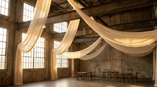 Ethereal silk chiffon draped from exposed steel beams in an industrial wedding venue