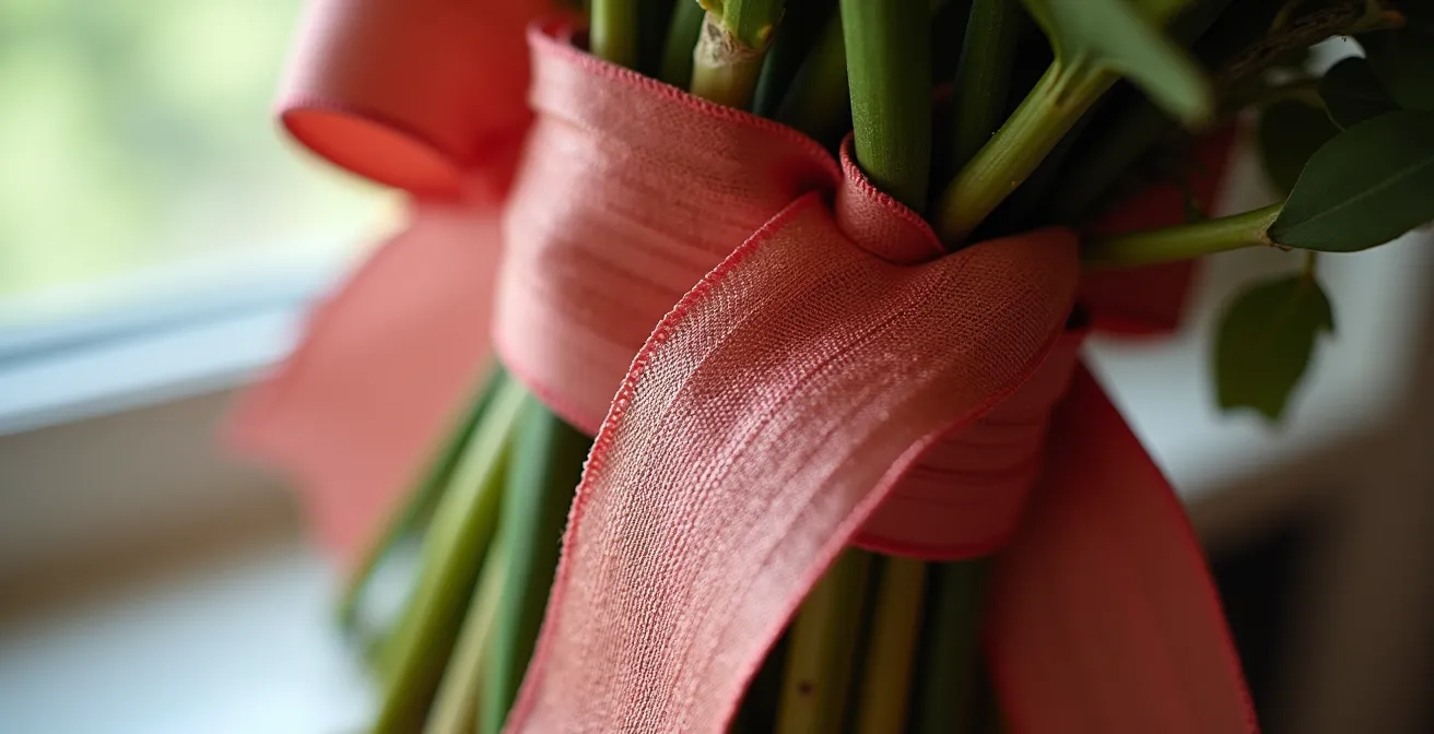 Macro shot of different silk ribbon textures wrapped around posy stems
