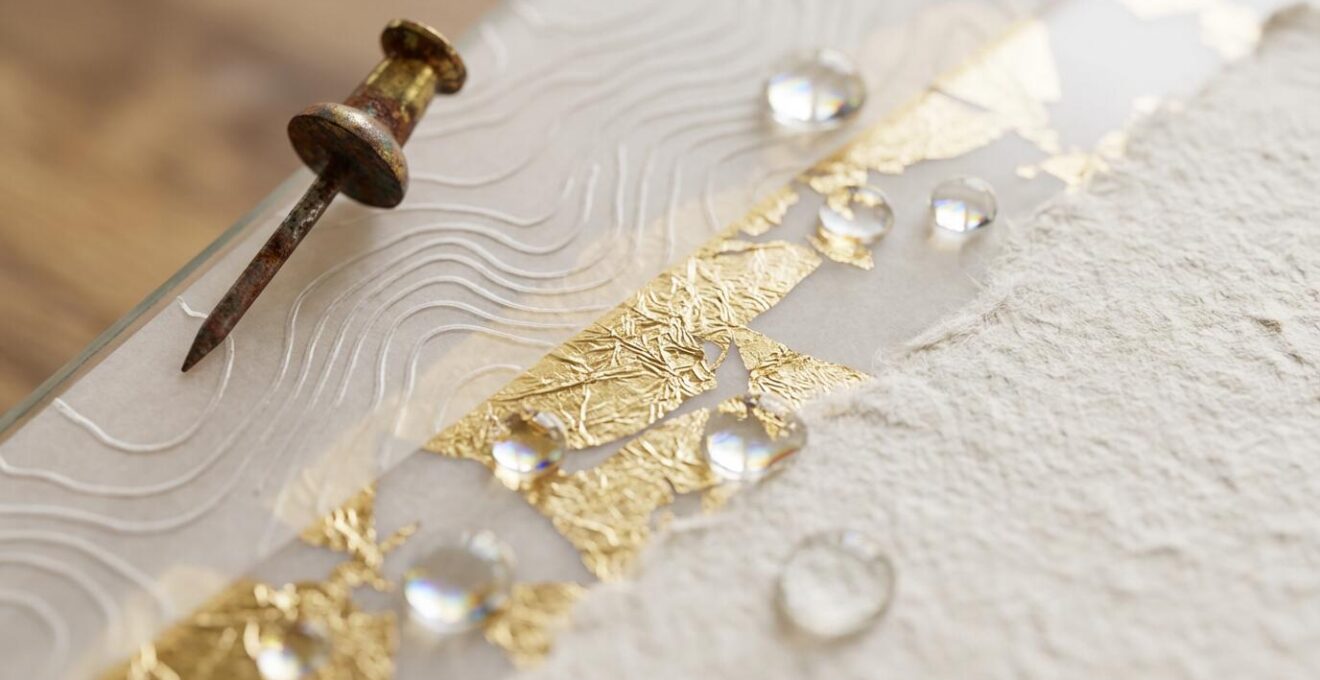 Layered design elements showing transformation from literal to abstract wedding symbols