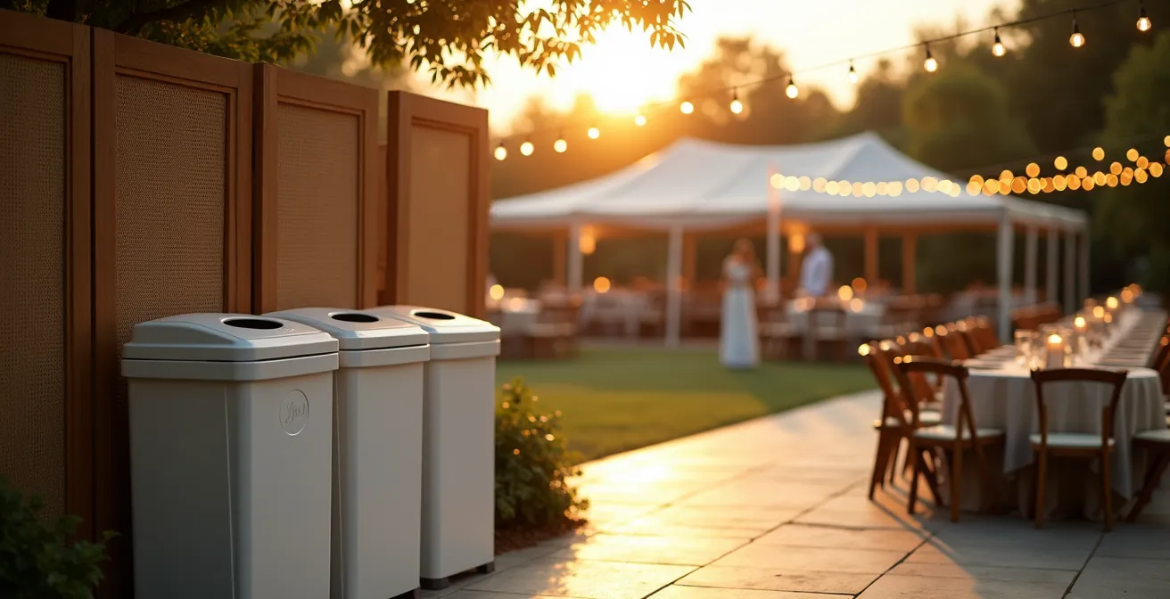 Professional waste management setup with three-bin recycling system at outdoor wedding venue