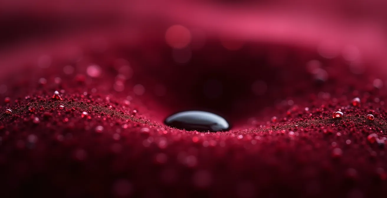 Close-up of wine beading on crushed velvet tablecloth surface showing water-resistant properties
