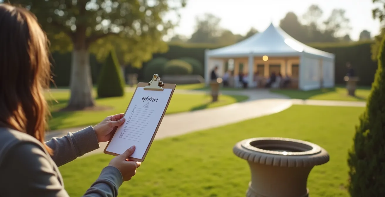 Wide shot of outdoor wedding venue showing strategic water management areas