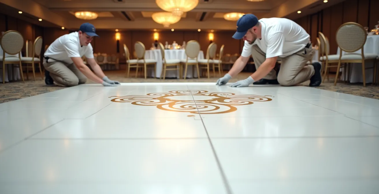 Professional installers applying protective covering to custom vinyl dance floor before wedding reception