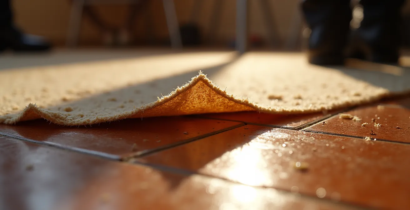 Extreme close-up showing vinyl wrap bubbling and peeling from uneven carpet surface