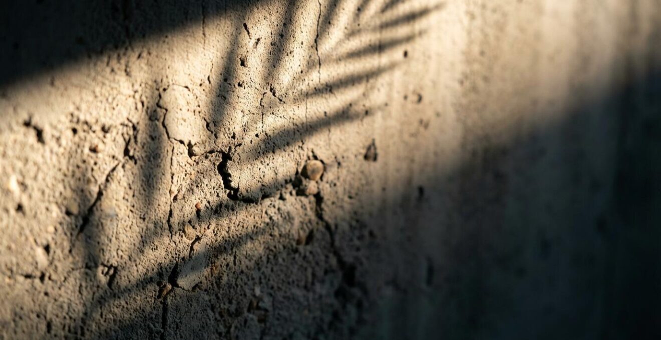 Close-up macro shot of dramatic wall grazing light technique revealing texture on a previously plain surface with gobo pattern projection creating virtual wallpaper effect