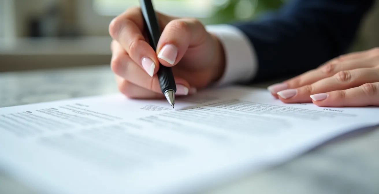 Close-up of hands reviewing wedding vendor contract documents on elegant desk