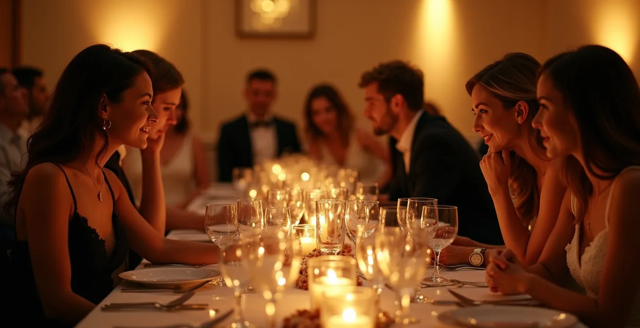 Intimate wedding dinner scene with subtle amber uplighting creating warm atmosphere around elegantly set tables