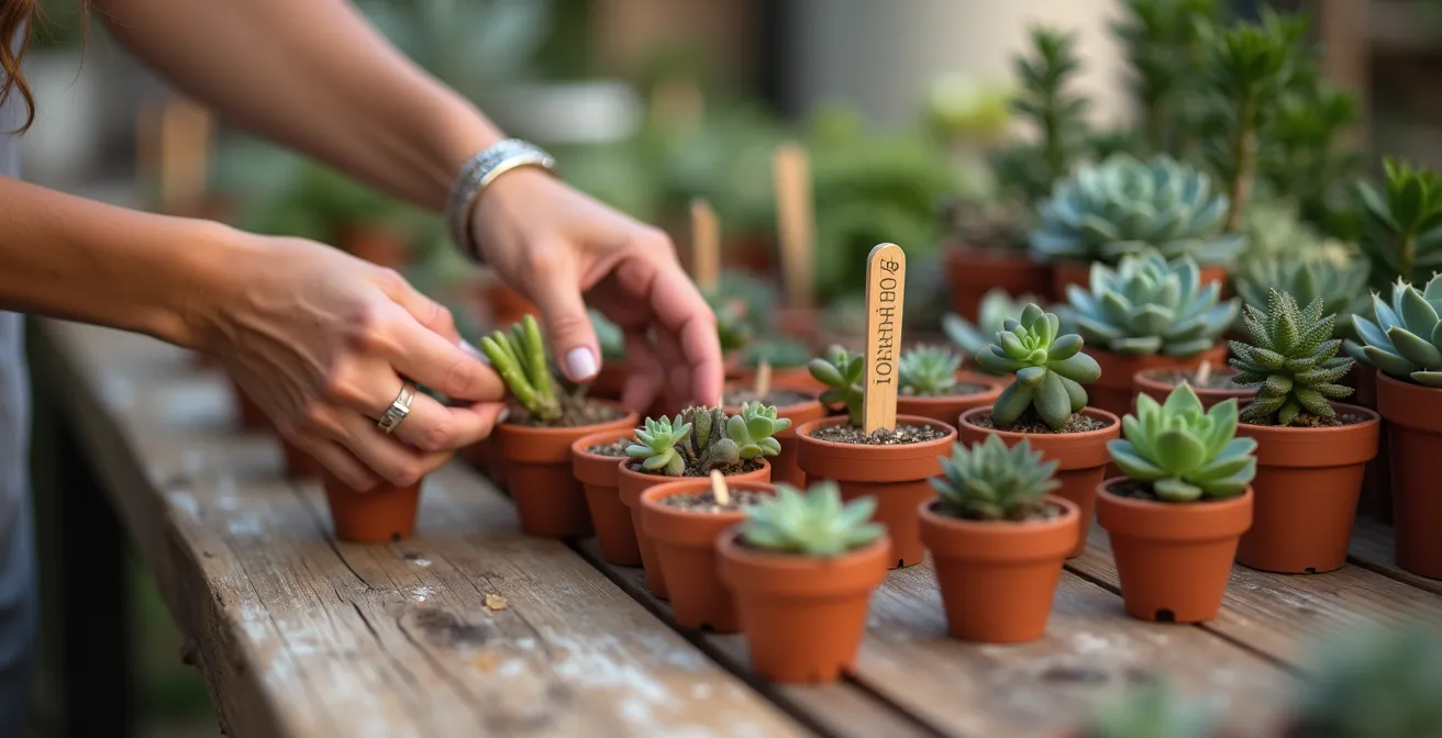 Elegant display of small succulent plants doubling as escort cards and wedding favors