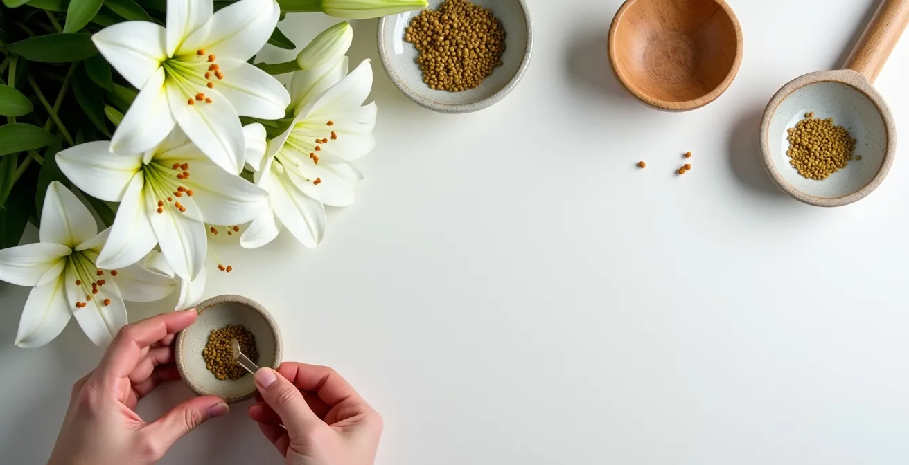 Florist's hands carefully removing anthers from white lilies over a work surface