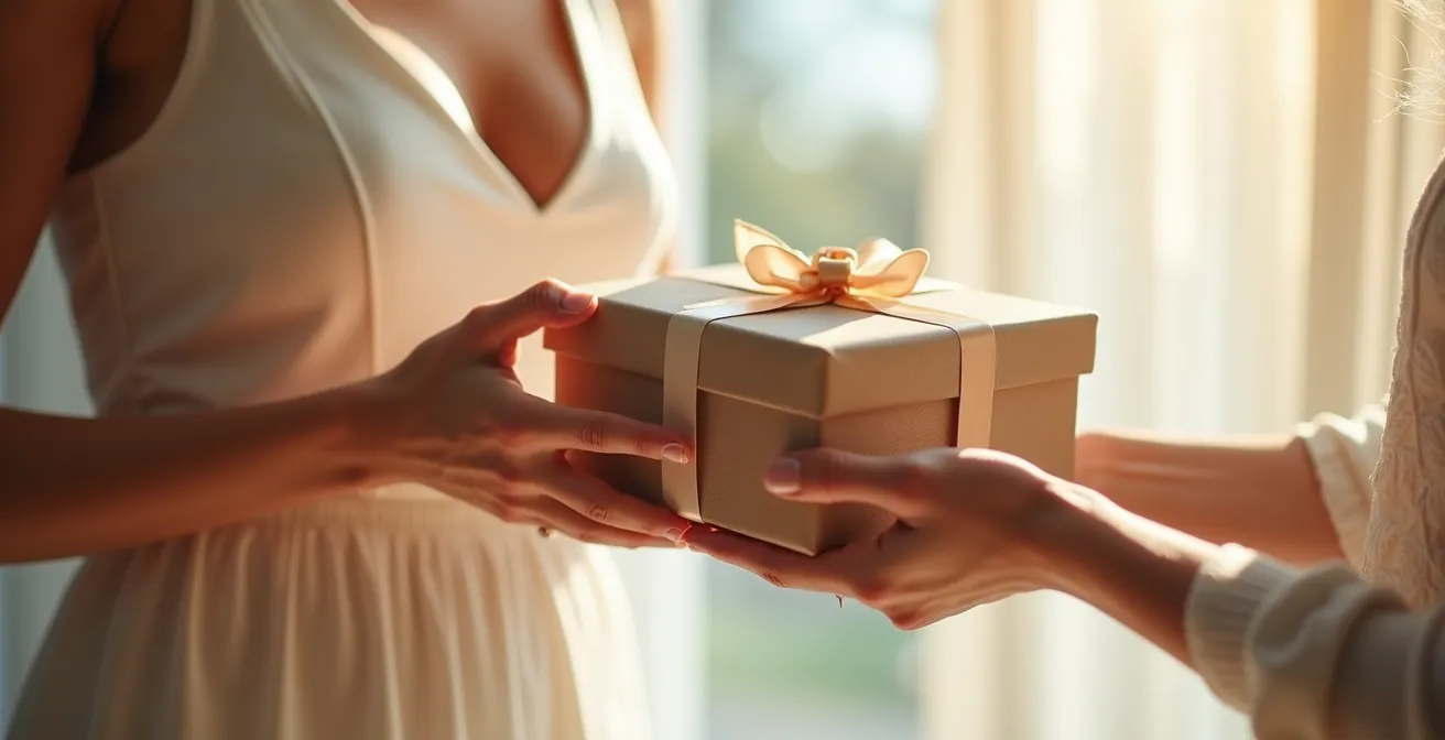 Intimate moment of gift exchange between bride and bridesmaid during wedding preparations