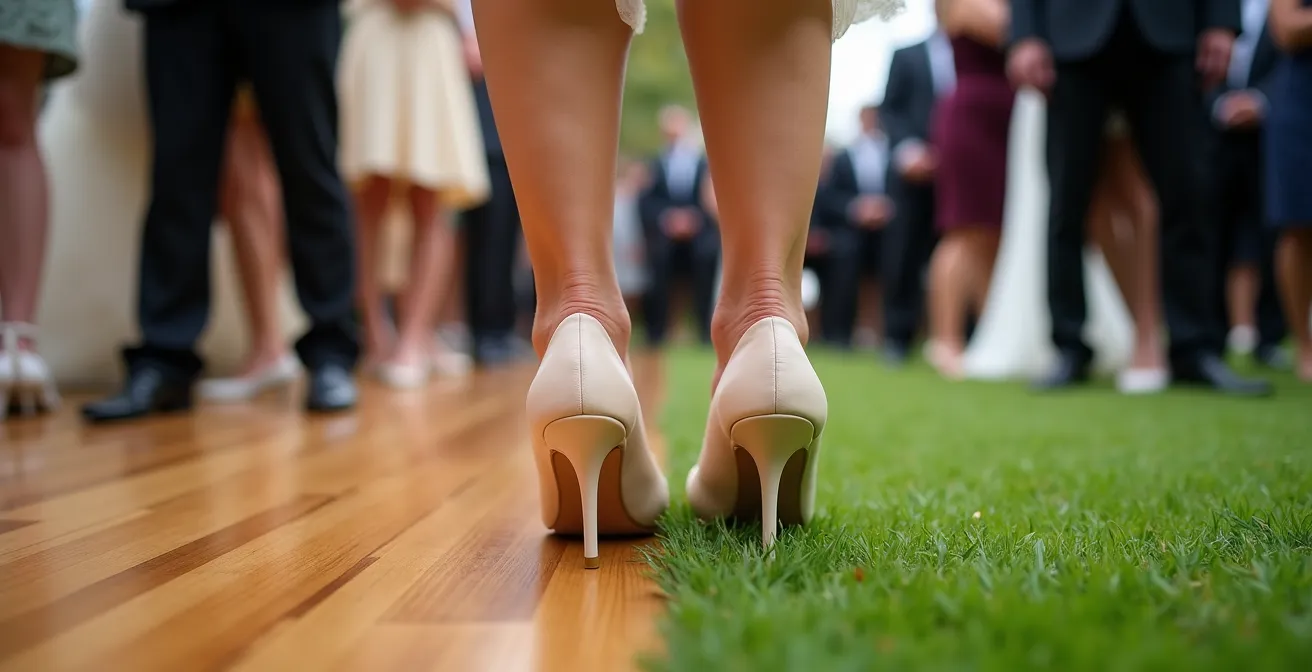 Close-up comparison of elegant wedding shoes on smooth hardwood versus uneven grass surface