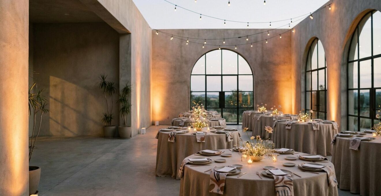 Elegant wedding reception with warm amber uplighting casting romantic shadows on walls and centerpieces