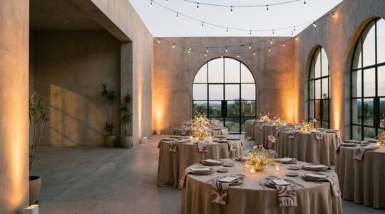 Elegant wedding reception with warm amber uplighting casting romantic shadows on walls and centerpieces