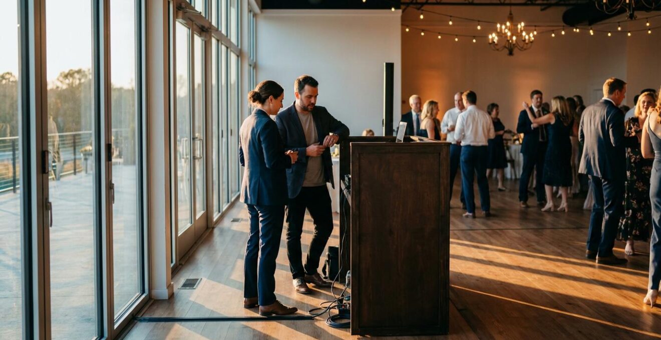 Wedding planner discretely coordinating with DJ during reception for extended hours