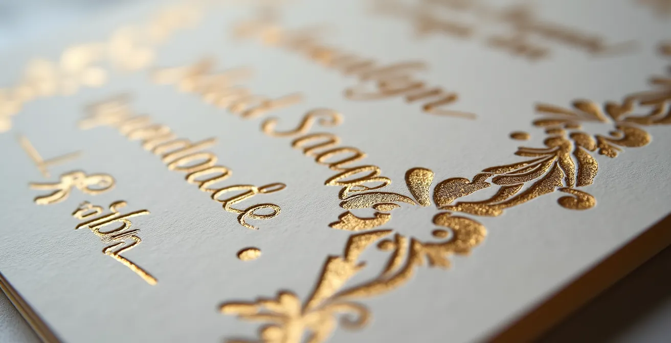 Extreme close-up of luxurious letterpress wedding stationery showing the deep texture and craftsmanship of the paper
