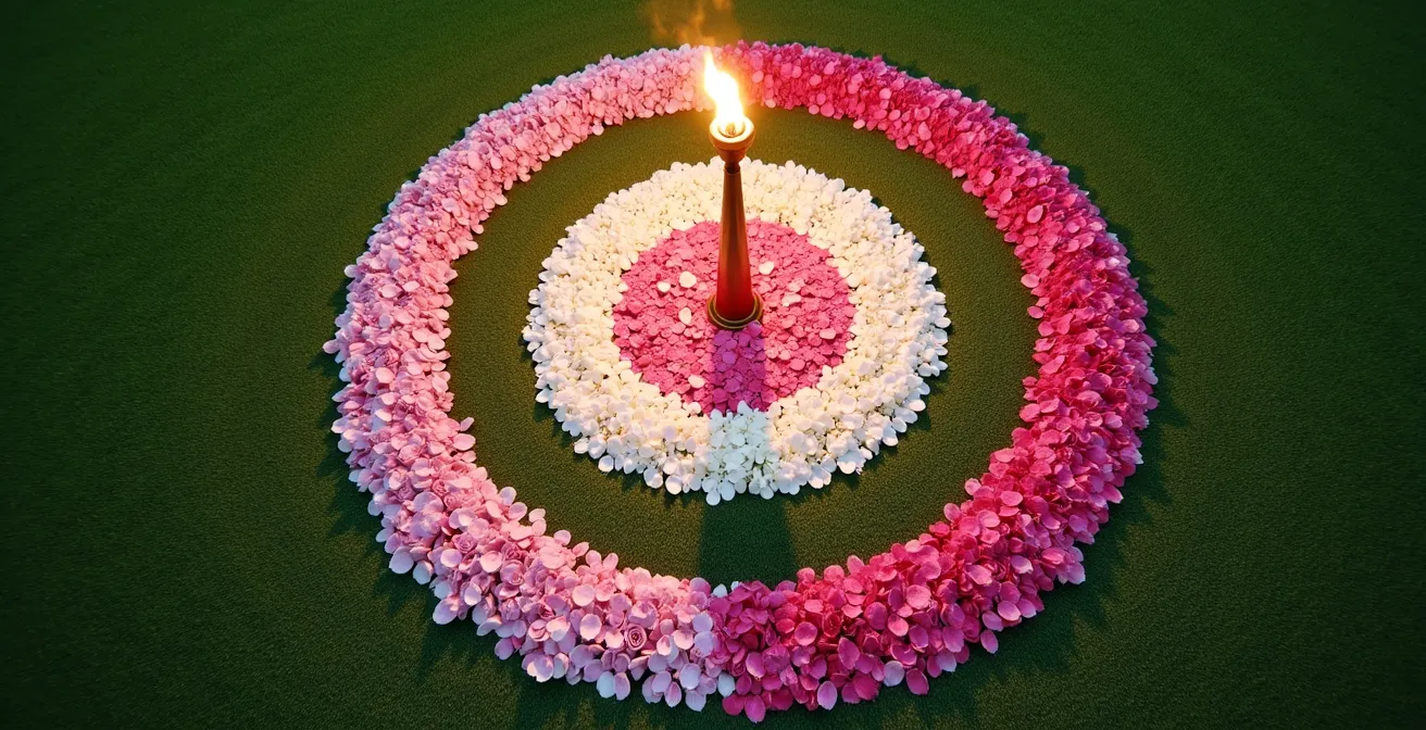 Visual representation of safe distance zones around wedding torches, shown as concentric circles of petals on grass.