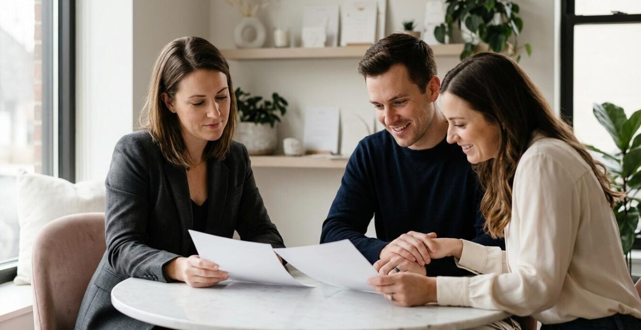 Professional wedding planner reviewing contracts with couple in elegant consultation setting