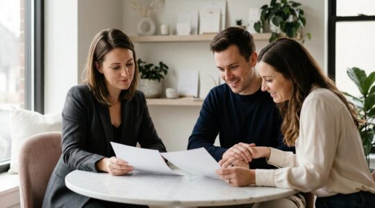 Professional wedding planner reviewing contracts with couple in elegant consultation setting
