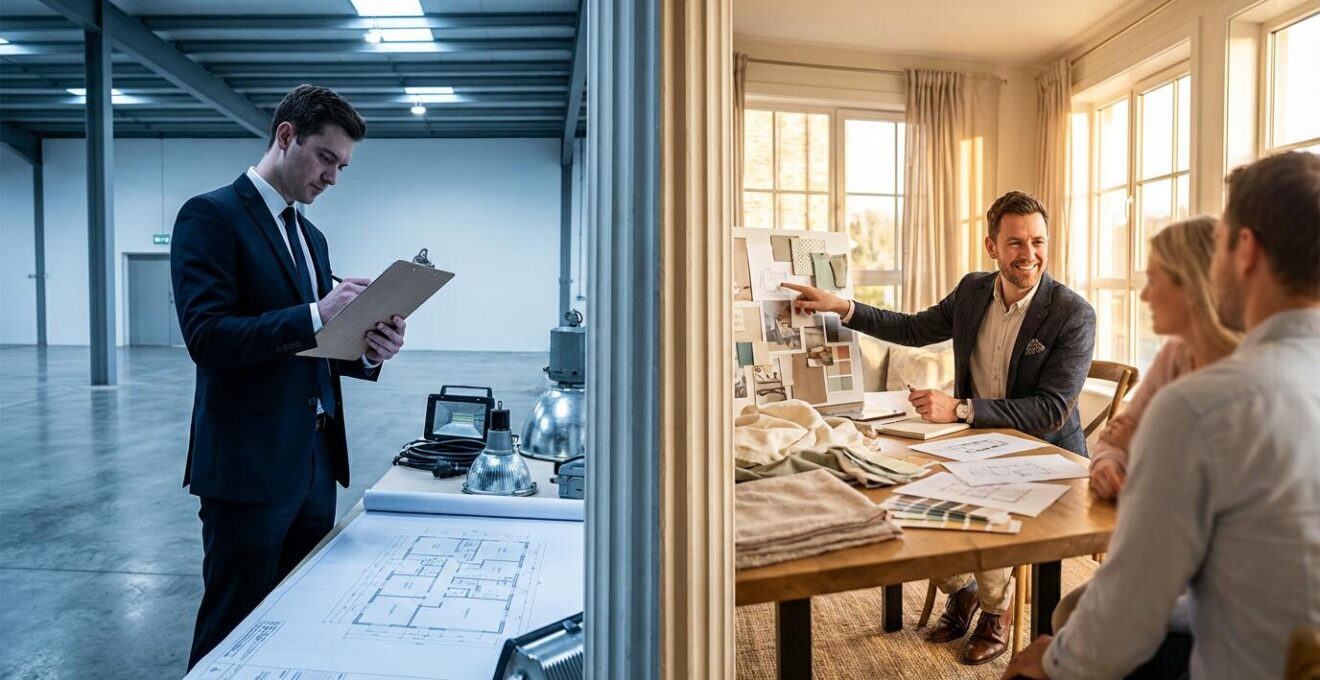 Split composition showing venue coordinator checking facility details versus private planner advocating for couple