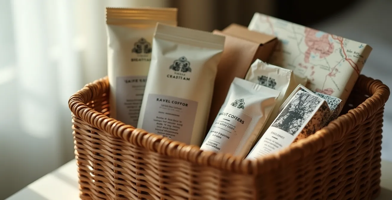 Thoughtfully arranged welcome gifts for wedding guests including local treats and travel essentials