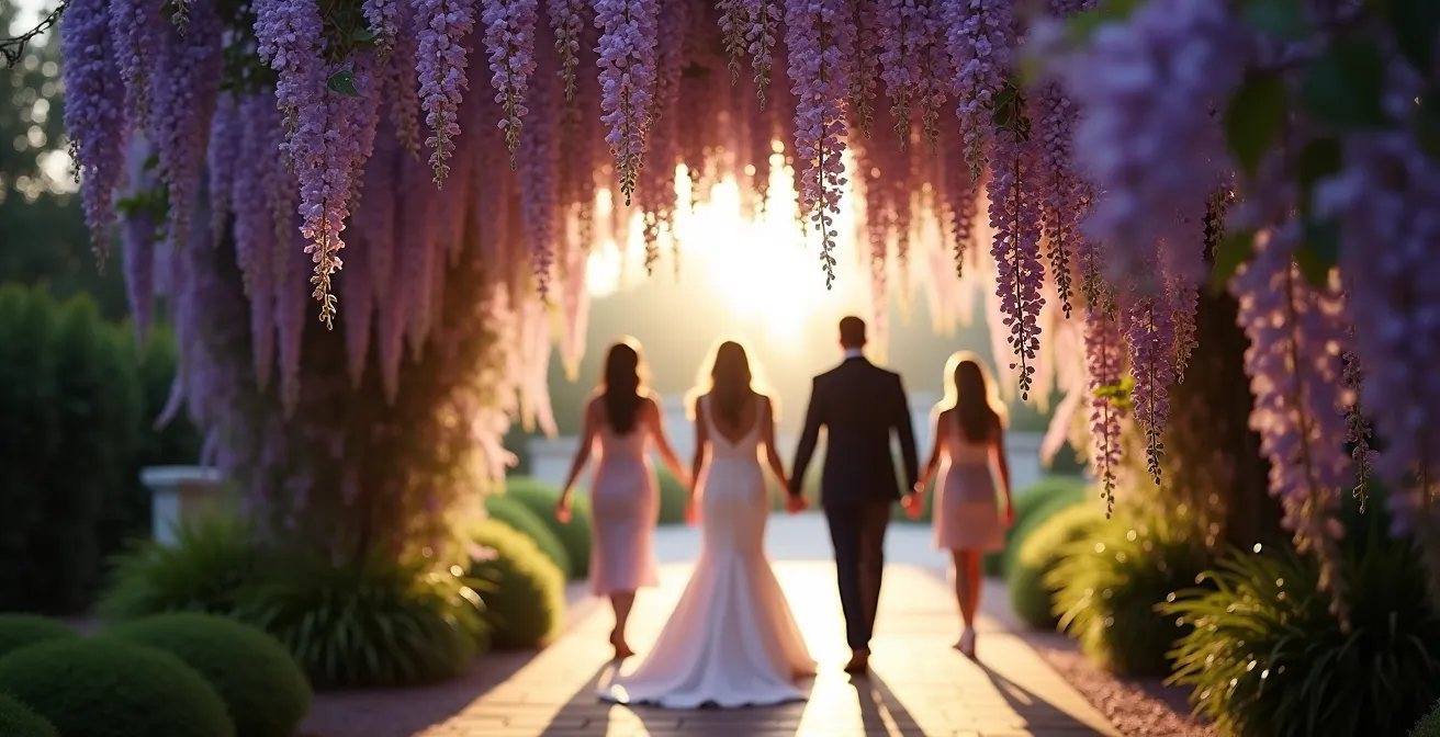 Dramatic wisteria tunnel entrance with progressive light reveal